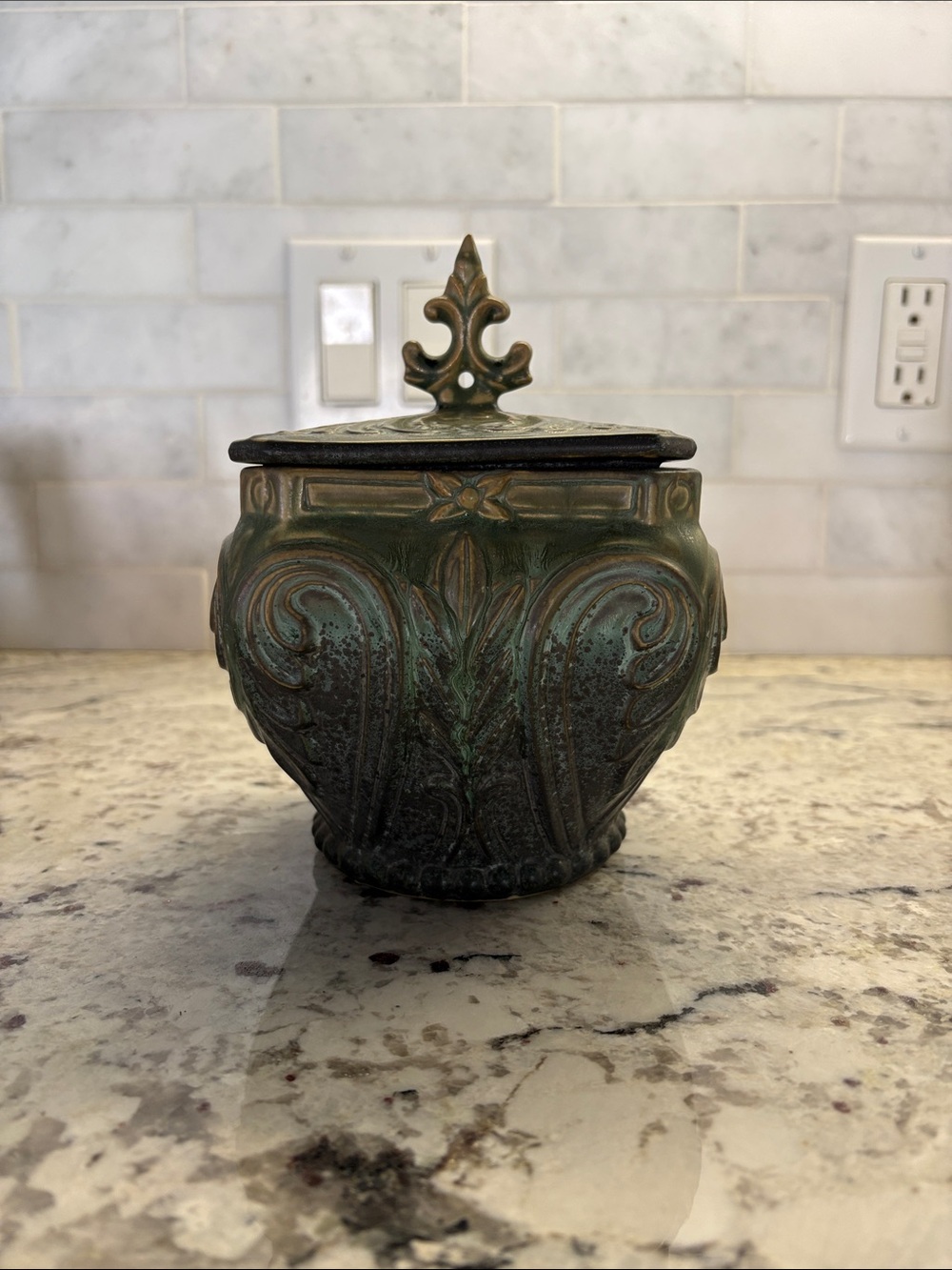 Mystery jewelry Ornate Decorative Lidded Jar in Verdigris Green